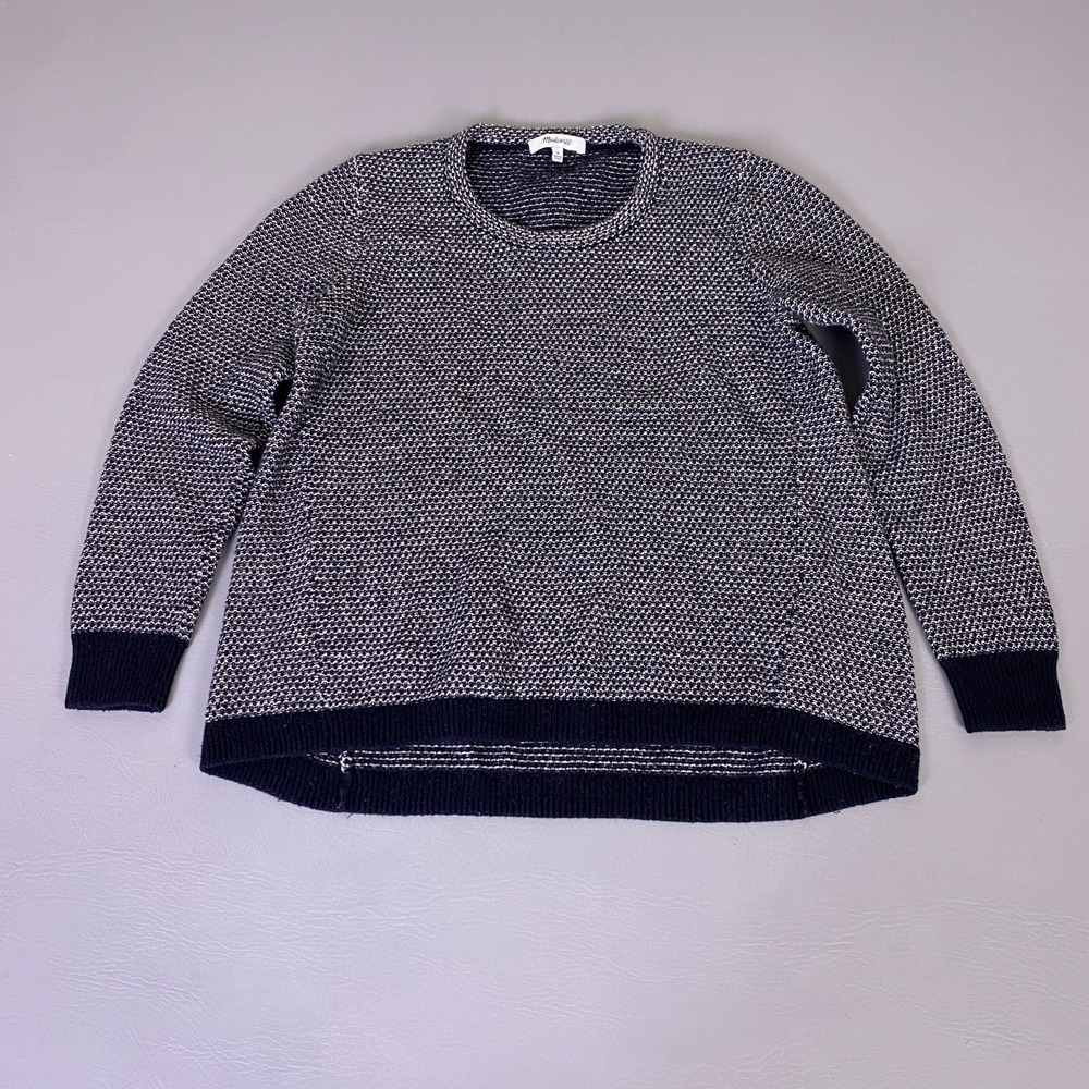 Madewell Sweater Women's Medium Textured Navy‎ Blue White Knit Crewneck EUC